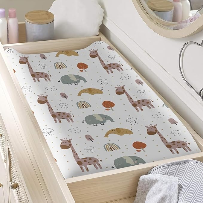 GOSTONG 32"x16" Diaper Changing Table Cover with Animal Giraffe Elephant Pattern Baby Stretchy Changing Table Mat Cover Protectors with Elastic Bands