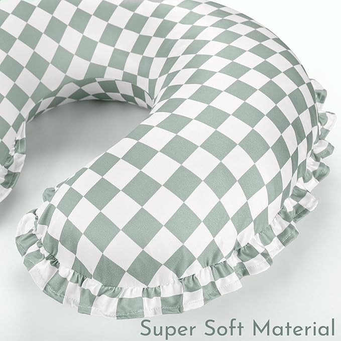 DILIMI Nursing Pillow Cover, Removable Ruffled Pillowcase for Breastfeeding Pillows, Ultra Soft Comfortable Slipcover for Baby Girl and Boy, Green Gingham