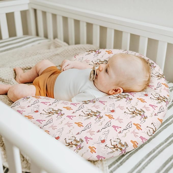 Cute Pink Cowgirl Nursing Pillow Covers for Girl Western Cowgirls Horse Cactus Mountain Sunset Nursery Slipcovers for Breastfeeding Pillows Wild West Desert Soft Stretchy Cover for Newborn Infant