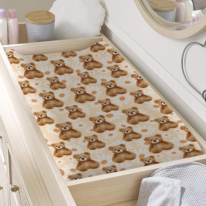 Cute Animals Floral Baby Changing Pad Covers Baby Bear Animal Daisy Diaper Change Table Sheets for Girl Boy Soft Stretch Fitted Changing Table Pad Mat Cover 32''x16''