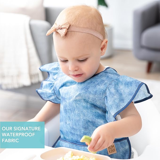 Bumkins Ruffle Apron Bib and 2-pack Sandwich Bags, Waterproof Fabric, Faux Denim