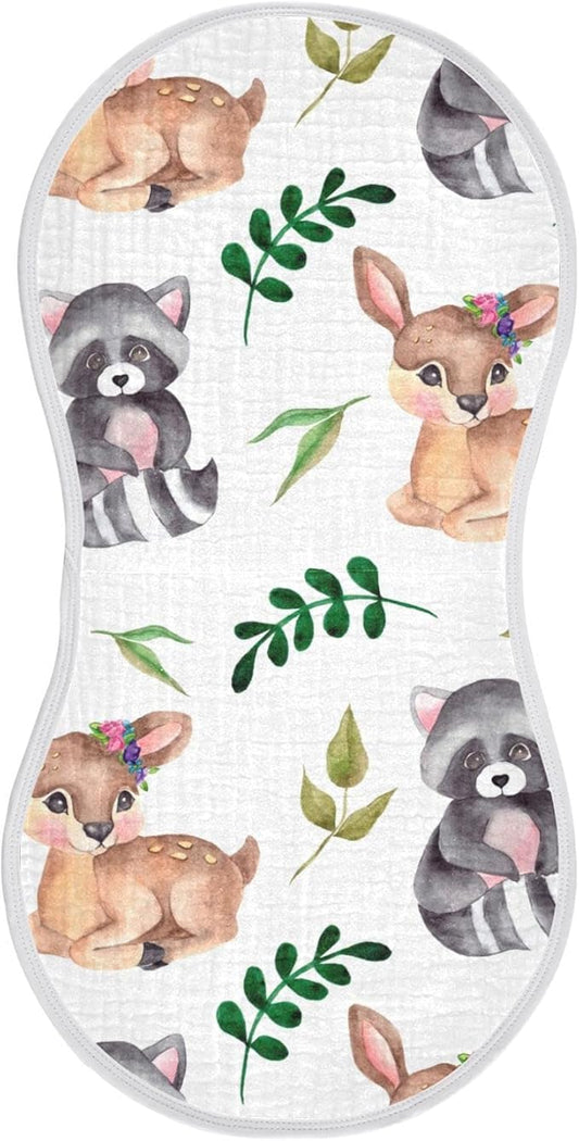 Raccoons Deer Forest Flower Leaf Muslin Burp Cloths for Baby 1 Pack 100% Cotton Baby Washcloths Bibs for Boy Girl