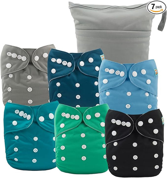 ALVABABY 6pcs Cloth Diaper Covers & 1 Wet Dry Bag, Washable Reusable Diaper Shell for Prefold with Multi-Functional Bag