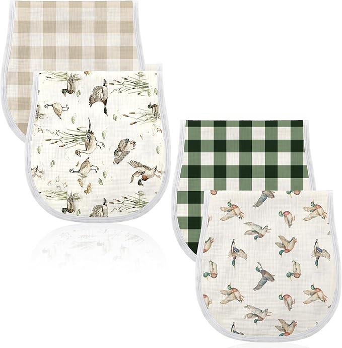 Hahafelt 4 Pcs Mallard Duck Baby Burp Cloths 100% Cotton Absorbent & Soft Burping Cloth Large 22'' x 10" Newborn Towel 2-in-1 Baby Spit up Burping Rags Set for Boys Girls Infant Newborn(Plaid Style)