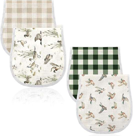 Hahafelt 4 Pcs Mallard Duck Baby Burp Cloths 100% Cotton Absorbent & Soft Burping Cloth Large 22'' x 10" Newborn Towel 2-in-1 Baby Spit up Burping Rags Set for Boys Girls Infant Newborn(Plaid Style)