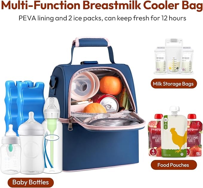 NCVI Breastmilk Cooler Bag, Breast Pump Bag with 2 Ice Pack Fits 6 Bottles, Double Layer Breast Milk Cooler Travel Bag Baby Bottle, for Travel, Nursing Mom Daycare, Work, Picnic (SkyBlue)