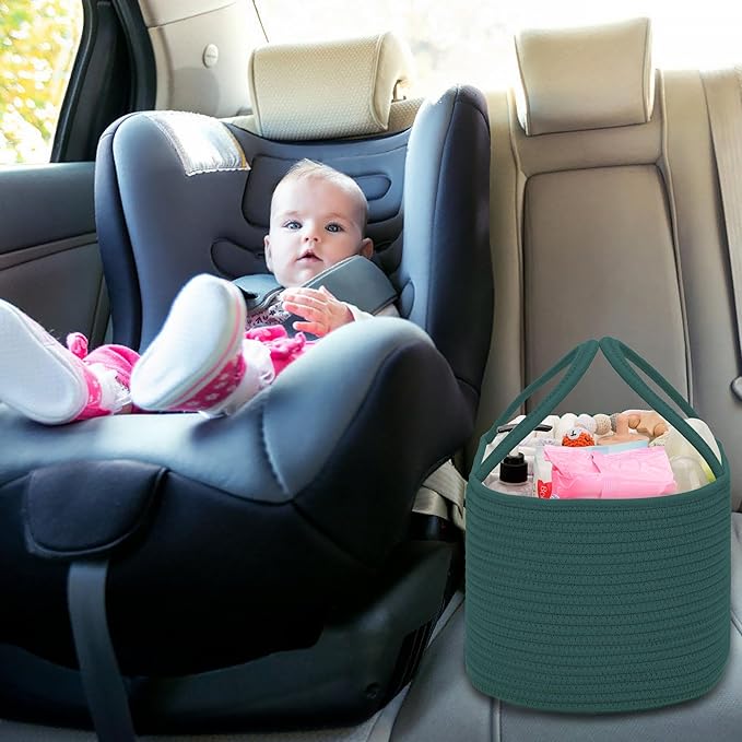 COMSE Large Baby Diaper Caddy Organizer for Girl Boy, Car Caddy with Handles, Cotton Rope Basket for Changing Table, Nursery Organizer, Gift for Baby Shower and Registry Must Have, Dark Green