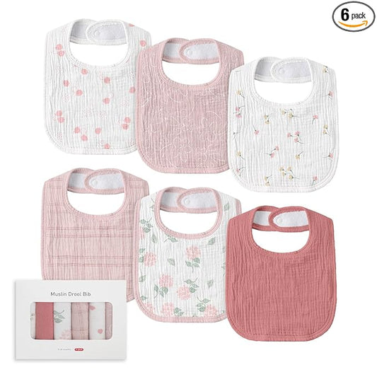 Muslin Baby Drool Bibs for Unisex Boys Girls, 6 Pack Soft Cotton Baby Bib for Teething Drooling, Essentials Shower Gift (6, Pink)