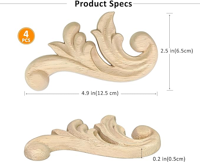 4Pcs Decorative Wood Flower Carved Appliques Corner Onlay 2.5×4.9inch DIY Unpainted Wooden Carved Corner Decal for Furniture Wardrobe Mirror Photo Frame Closet Decoration (2.5×4.9inch)