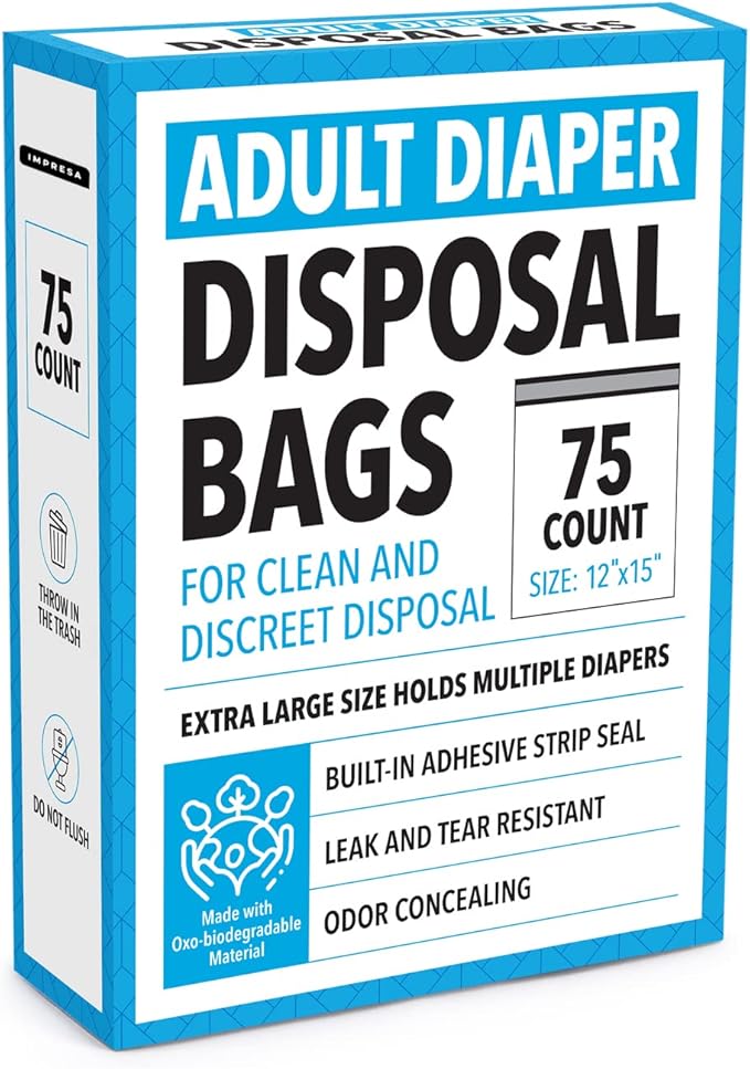 IMPRESA Disposable Adult Diaper Bags - 12 x 15 in, Pack of 75 Leak-Proof, Tear-Resistant & Odor-Proof Adult Incontinence Disposal Bags - Unscented
