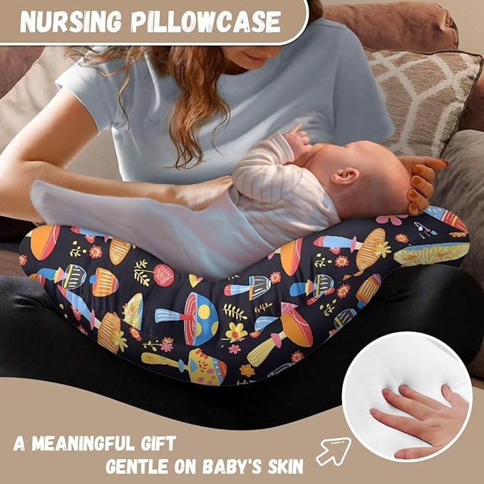 Mushroom Pillowcase for Nursing， Colorful Forest Mushrooms Soft Breastfeeding Nursing Pillows Cover， Graffiti Art Stretchy Feeding Pillow Case for Baby Girl and Boys