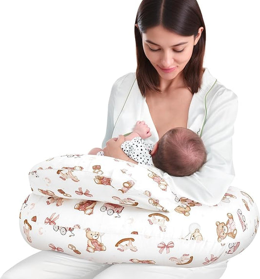 AMASKY Nursing Pillow for Breastfeeding and Bottle Feeding, Ergonomic Support for Mom and Baby, Removable Washable Cover, Pink Bear Pattern, Pallet of Product
