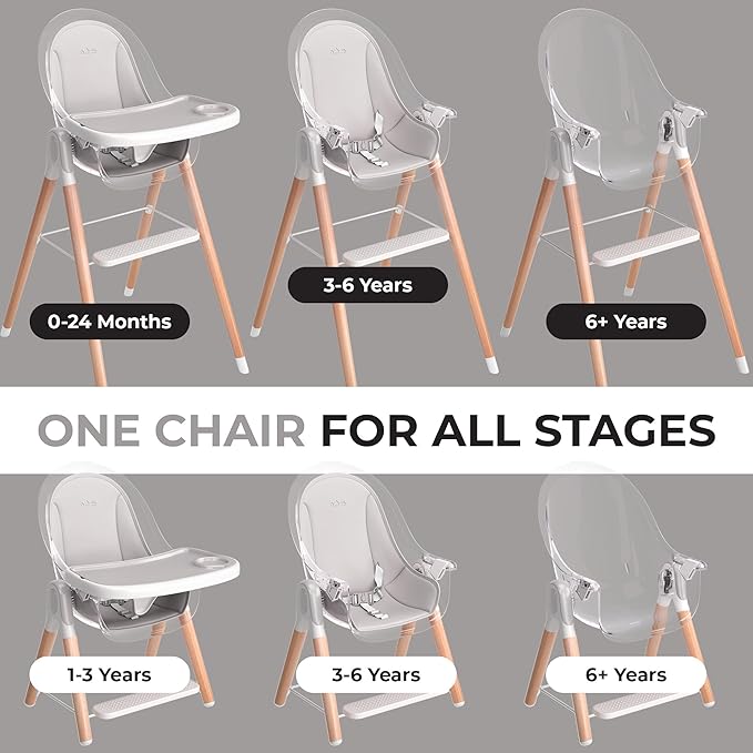 6 in 1 Deluxe Wooden High Chair for Babies & Toddlers, Modern Safe & Compact Baby Highchair, Easy to Clean & Assemble Removable Tray & Cushion, 6 Options 3 Seat Positions 2 Heights