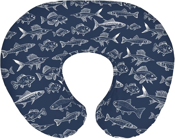 Navy Freshwater Fish Nursing Pillow Covers for Boy Girl Bass Carp Trout Salmon Lake Nursing Pillow Slipcovers for Breastfeeding Pillows Fishing Lover Gift Soft Stretchy Cover for Newborn Infant