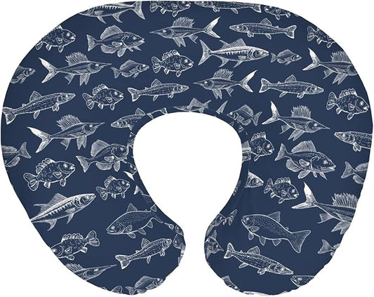 Navy Freshwater Fish Nursing Pillow Covers for Boy Girl Bass Carp Trout Salmon Lake Nursing Pillow Slipcovers for Breastfeeding Pillows Fishing Lover Gift Soft Stretchy Cover for Newborn Infant