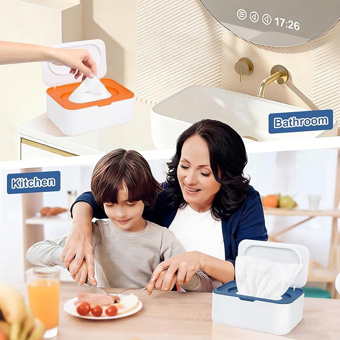 2Pcs Wipe Dispenser, Reusable Baby Wipe Holder Refillable Wipes Container, Easy Open & Close Wipes Pouch Case with Lid for Bathroom Baby Nursery Kitchen Office Travel (Blue/Orange)