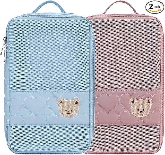 Baby Diaper Bag Organizer Pouches - 2 Pack Waterproof Pod Hanging Diaper Bag Cute Bear Mesh Bag Reusable, Washable or Baby Cloth Diapers (Pink&Blue)