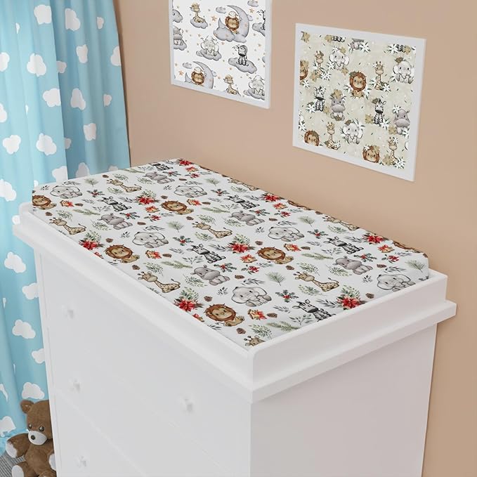 Baby Safari Animals Christmas Cherry Fir Leaves Changing Pad Covers Lion Elephant Giraffe Zebra Hippo Diaper Change Table Pad Covers for Girl Boy Soft Stretch Changing Mat Sheets 32''x16''