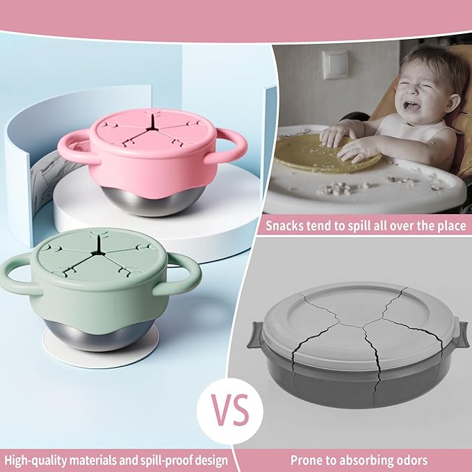 Qtencas 2 Pack Stainless Steel Snack Containers for Toddlers with Spill-Proof Silicone Lids and Handles, Food Grade Snack Cups for Toddlers Kid（Pink and Green）