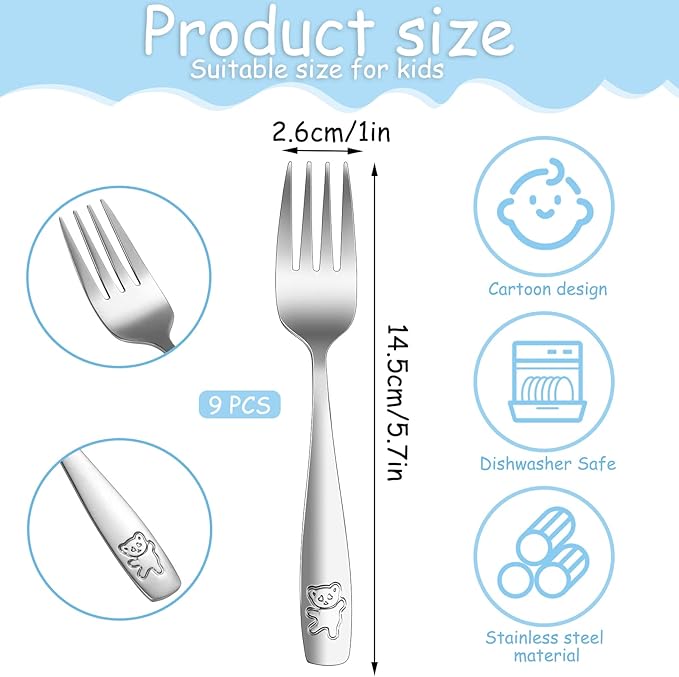 Pimoys 9 Pieces Toddler Forks Kids Fork, Kids Silverware Stainless Steel Childrens Safe Flatware Metal Baby Utensils Set Small Forks for Self Feeding, Dishwasher Safe