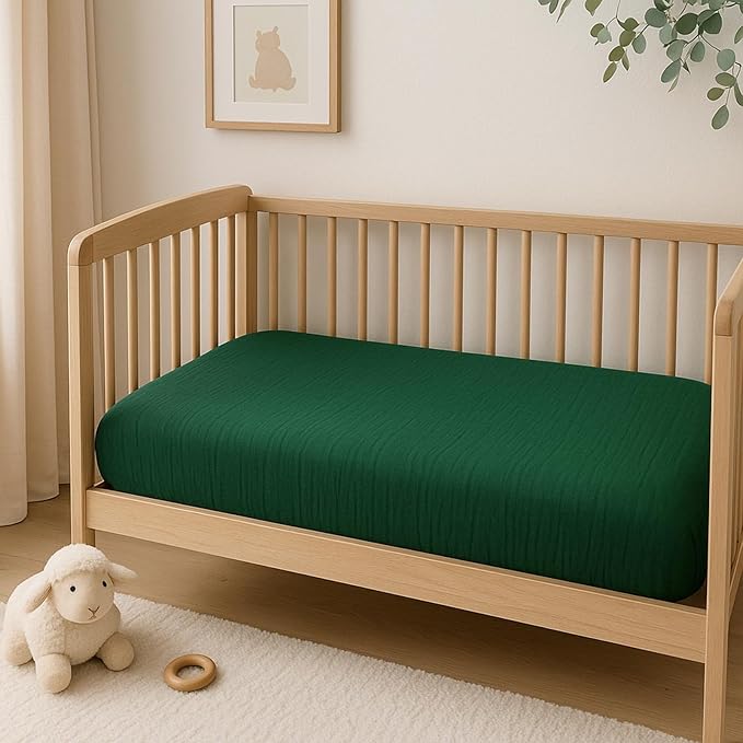 2 Pack Muslin Crib Sheets for Boys & Girl- Neutral Breathable Cotton Crib Mattress Sheets Fitted for Standard 28"x 52"- Nursery Décor Ivory & Emerald Green