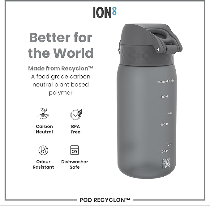 Ion8 Small Water Bottle, 350 ml/12 oz, Leak Proof, Easy to Open, Secure Lock, Dishwasher Safe, BPA Free, Carry Handle, Hygienic Flip Cover, Easy Clean, Odor Free, Carbon Neutral, Grey