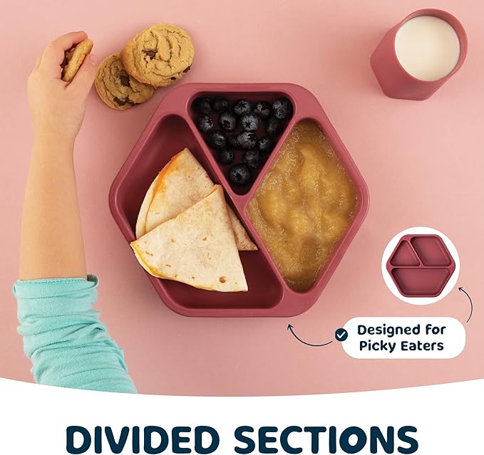 Tiny Twinkle Silicone Suction Baby Plate, Suction Grip Divided Dish for First Foods and Self-Feeding Toddlers, Baby Led Weaning Supplies for Independent Eating (Burgundy Plate)