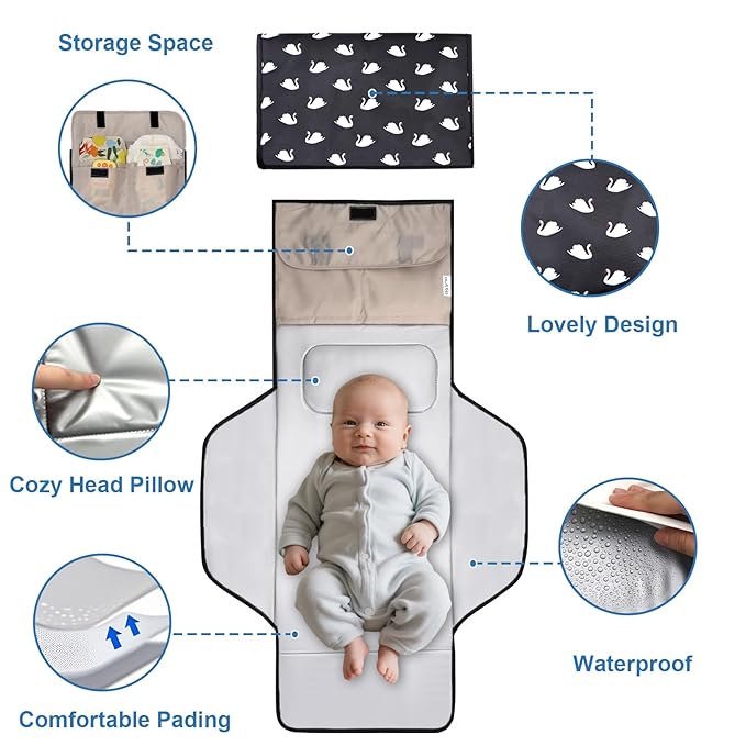31" X 24.2" Extra Long Large Lightweight Toddler Diaper Changing Pad Travel, Cute Design 1-36 Month Infant Foldable Baby Changing Mat Wipeable, Changing Pad Portable for Station, Car, Stroller