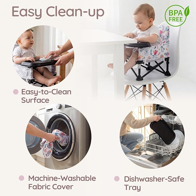 Toddler Booster Seat for Dining Table & Kitchen Chair - Portable Foldable with Removable Tray, Baby Camping Chair 6-36 Months Indoor Outdoor (Green Stripe)