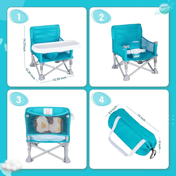 Portable Baby Booster Seat with Tray, Toddler Booster seat for Dining, Camping, Travel, Baby Beach Chair 6 Months to 3 Years Old Indoor Outdoor Use Cyan