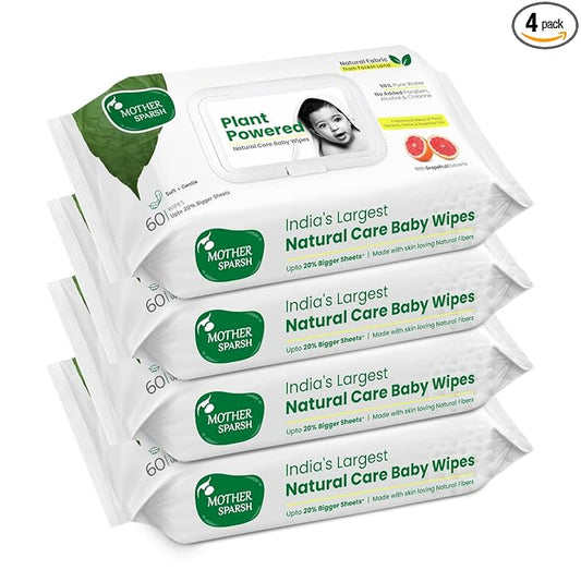 Mother Sparsh Natural Care Baby Wipes 60 Pcs (Pack of 4) I 100% Plant Made Fabric From Forest Land | Gentle + Cleanse (with Grapefruit) Wet Wipes For Baby I Cotton Cloth Like Bigger Sheets