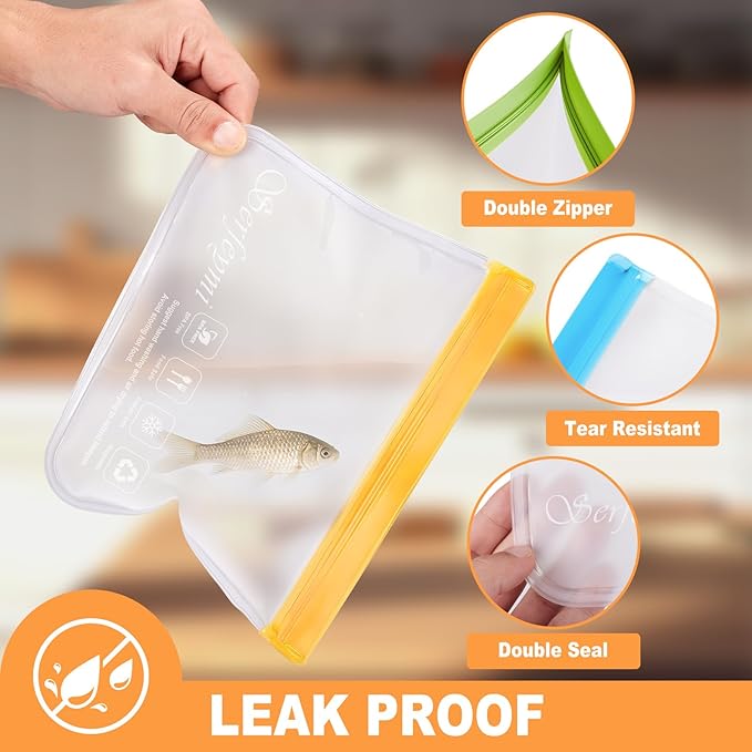 Serfeymi 10 Pack Reusable Gallon Freezer Bags Dishwasher Safe, Extra Thick Reusable Plastic Bags BPA Free, Leak Proof Food Storage Bags with 3 Sizes for Meat, Travel - 2 Gallon 4 Sandwich 4 Snack