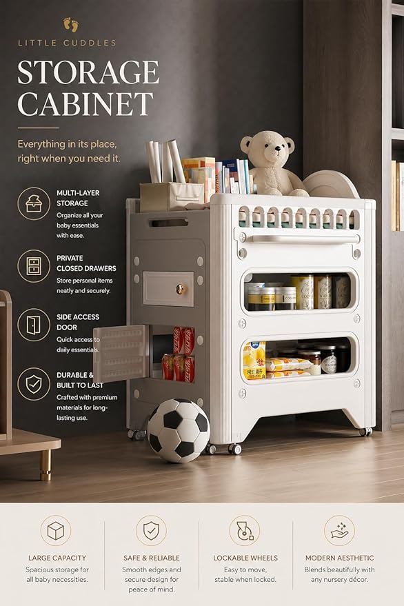 Heavy-Duty Baby Changing Table with Storage & Adjustable Height – Waterproof HDPE Diaper Changing Station for Nursery & Daycare, Removable Care Basin