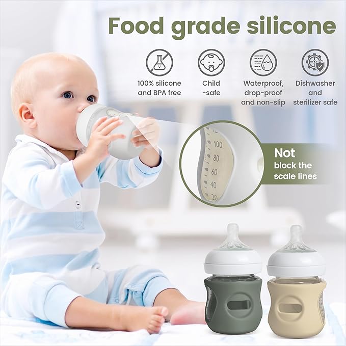 4 Pack Silicone Sleeves for Philips Avent Natural Glass Baby Bottles, Food Grade Silicone Cover and 4pcs Travel Caps, Lids Replacement (Dark Blue+Dark Green+Grey+Beige, 4oz)