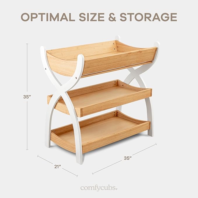 Comfy Cubs Baby Changing Table - Sturdy Wood Construction, Timeless Look Baby Change Table with Two Open Shelves for Infant Daycare Essentials Storage - Natural Wood with White Legs