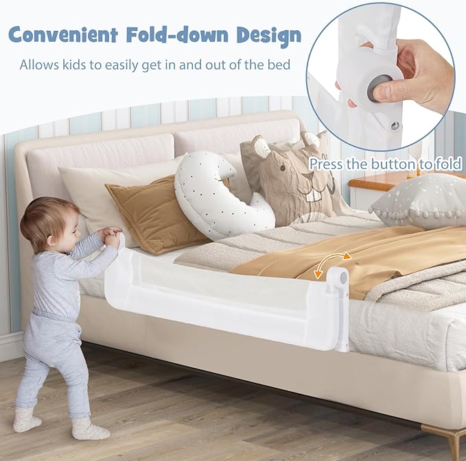 BABY JOY Bed Rails for Toddlers, Swing Down Safety Bed Guard for Convertible Crib, Folding Baby Bedrail for Kids Twin, Double, Full Size Queen & King Mattress (47-Inch, White)