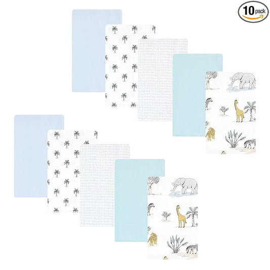 Hudson Baby Unisex Baby Cotton Flannel Burp Cloths 10-Pack, Boy Safari World, One Size