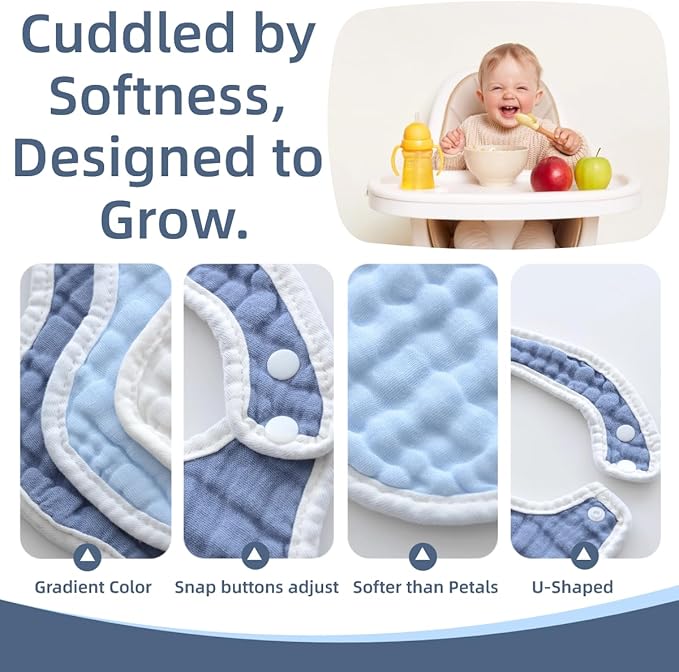 MUKIN Baby Muslin Bibs and Burp Cloths, 6 Pack, Soft Absorbent Cotton, Adjustable