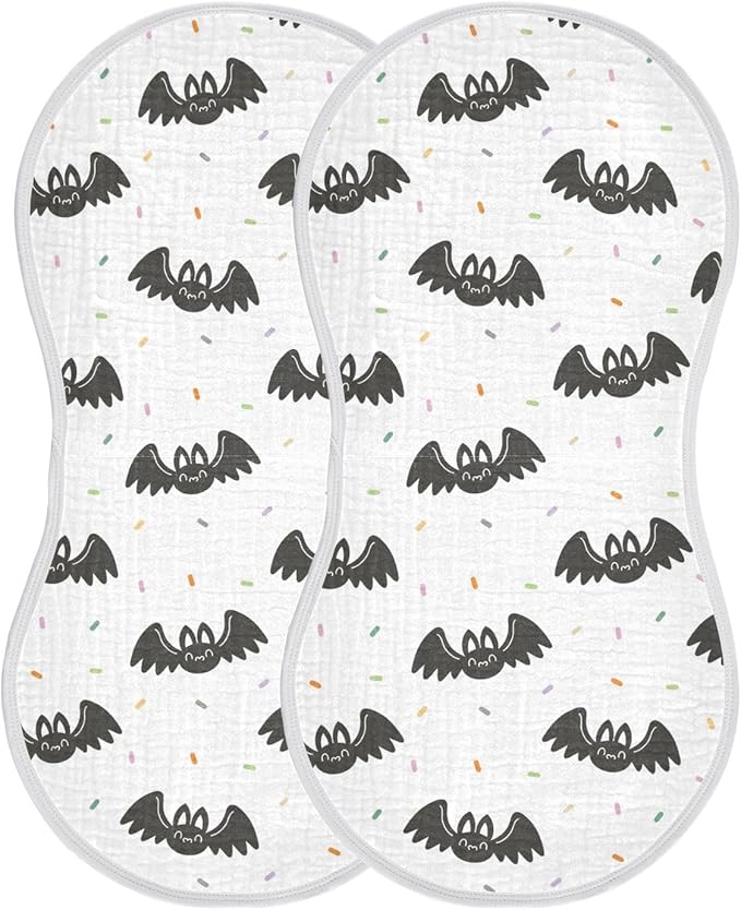 vvfelixl Muslin Burp Cloths Halloween Bat and Confetti Baby Washcloths for Baby Girl Boys 2 Pack White
