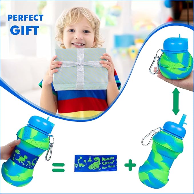 Dinosaur Water Bottle for Kids Toddler Boys 19oz 550ml Collapsible Silicone Foldable Bpa Free Leakproof Sports Water Jugs for School Sports Travel with Flip Spout Christmas Birthday Gifts Green Blue