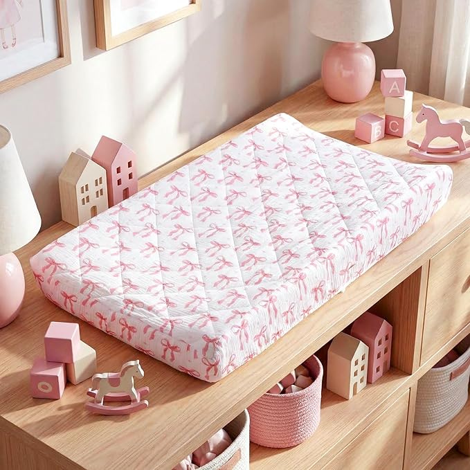 Frienda 2 Pack Pink Changing Pad Covers Waterproof Pink Bow Muslin Changing Pad Covers 32 x 16 Inch Coquette Quilted Cotton Fitted Diaper Sheet Breathable Extra Thick Sheets for Girls