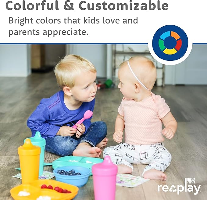 Re-Play Toddler Plates with Dividers - Deep-Walled 3 Compartments Divided Plates for Kids - Dishwasher & Microwave Safe - Made in USA - Set of 4-7.37" x 7.37" x 1.25" - Spring