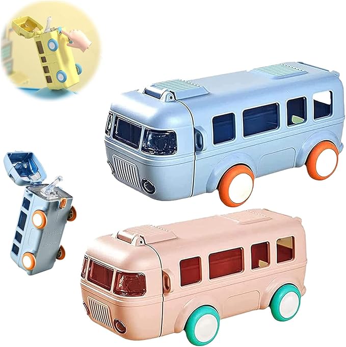 2023 New Portable Water Cup In Bus Shape, 16 OZ Cute Bus Shape Water Bottle, 360° Leak-Proof Portable Water Bottle with Straw and Strap, Bounce Flip Top Straw Water Bottle for Kids (D-Blue+Pink)