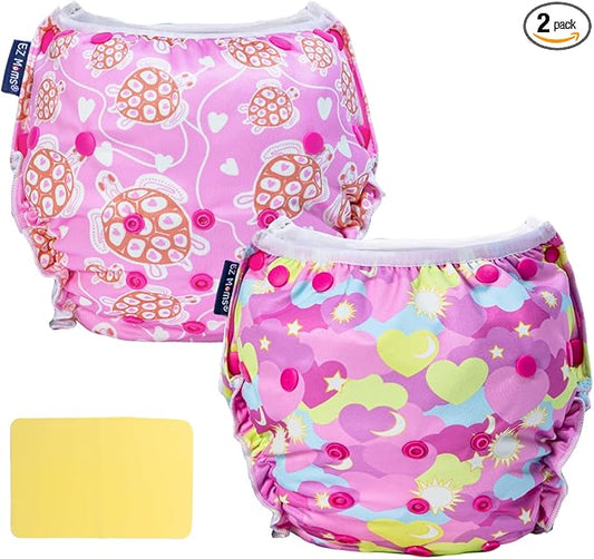 EZ Moms Baby Swim Diapers Reusable 2Pcs Large Size Snap Adjustable Washable One Size Toddler Swim Diaper with a Shammy Towel for Baby Girl Water Diaper Waterproof Swimming Diapers for Swimming Lessons