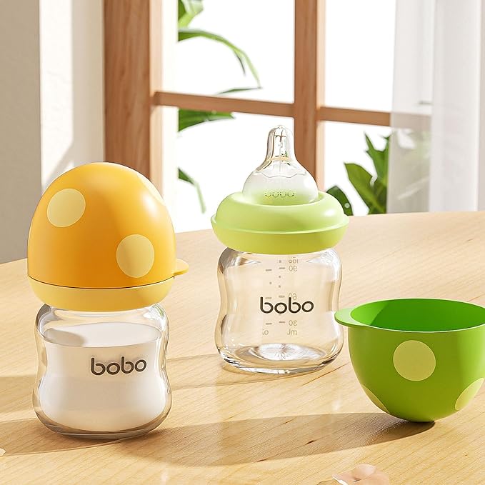 YOHKOH Natural Glass Baby Bottle with Level 1 Slow Flow Nipple, Newborn Anti-Colic Baby Bottles, Wide Neck Mushroom Baby Glass Bottle (Multicolour1, 3.4oz (Pack of 2))