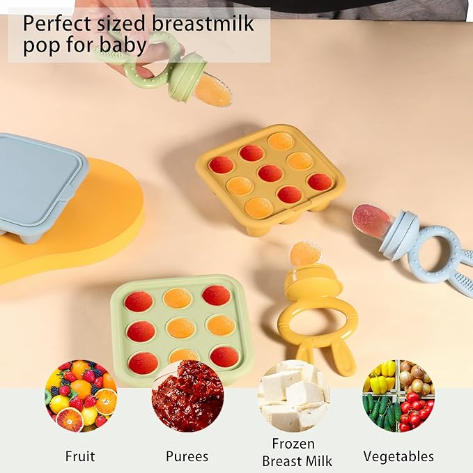 Baby Food Freezer Tray,Silicone Nibble Freezer Tray,Baby Fruit Food Feeder Teether,Breastmilk Popsicle Mold,Babies Breast Milk Teether Pop Maker for Homemade Babies Meals-Blue
