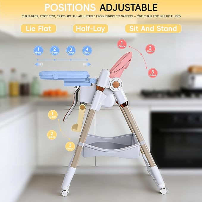 Foldable High Chair for Toddlers with Removable Double Tray & Storage Basket, 5 Height Levels Baby Eating Chair,3 Recline & Footrest Positions, Lockable Wheels,Easy Clean Feeding Chair (Pink)