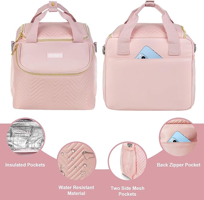 Wearable Breast Pump Bag,Breastmilk Cooler Travel Bag Compatible with Momcozy/Eufy/Elvie/Willow/Medela Breast Pump with Ice Pack and Water Resistent Mat for 6 Baby Bottles Up to 9 Ounce,Pink