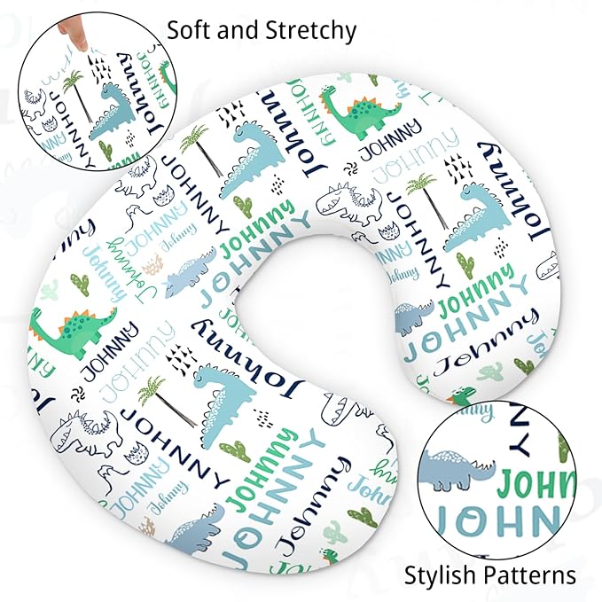 Baby Nursing Pillow Cover - Personalized Name Breastfeeding Pillow Cover with Dinosaur Pattern, Stretchy Removable U-Shaped for New Moms, Soft Breathable Slipcover for Infant Boys Girls