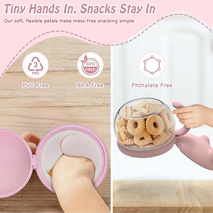 SELEWARE 2 Pack Toddler Snack Cups No Spill Snack Containers for Kids with Spill-Proof Lid & Handle, 12.3 Oz BPA-Free Plastic Baby Snack Catcher, Dishwasher Safe, Cute Frog Design (Pink & Purple)